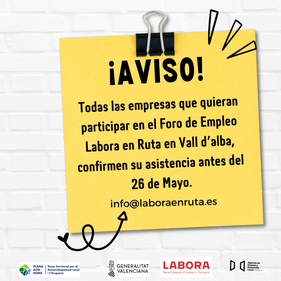 Recordatorio para las empresas que quieran participar en el Foro de Empleo Labora en Ruta.