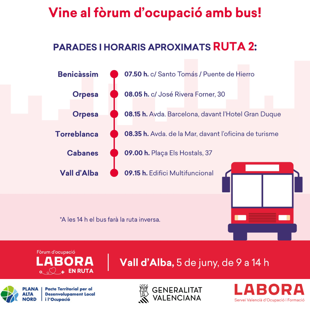 Horarios de autobús para ir a Vall d’Alba al Foro de Empleo Labora en Ruta.