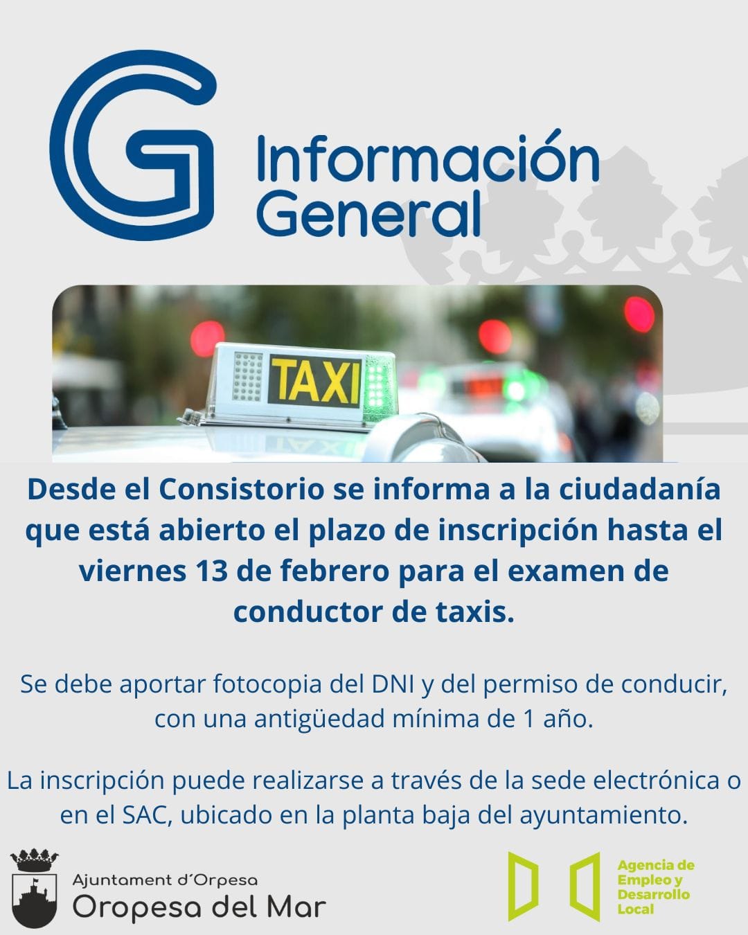 INSCRIPCIONES PARA EL EXAMEN DE CONDUCIR TAXIS